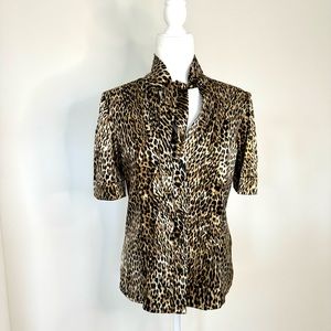 Imperial Italian Leopard Print Tie Neck Button Up Blouse